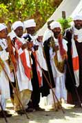Monks during Timkat.They are waiting for procession. Lalibela. North, Ethiopia.