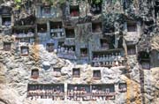 Traditional graves at Lemo village. Tau tau figures can be seen at galleries in front of graves. Tana Toraja area. Sulawesi, Indonesia.