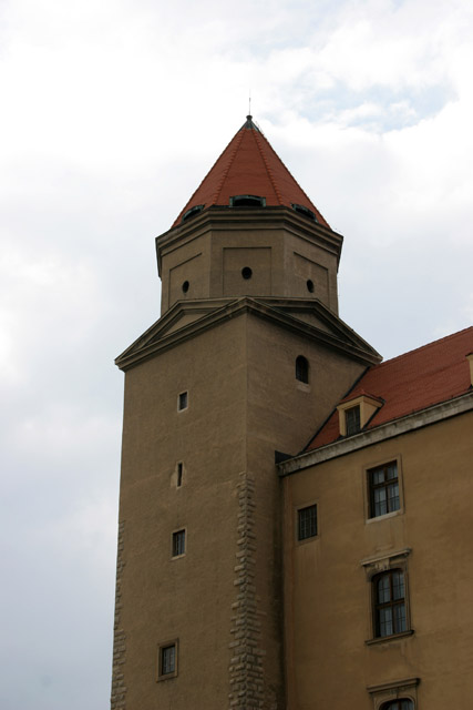 Bratislava Castle from 13th century is massive rectangular building with four corner towers. The Castle is located on the top of the hill of the Little Carpathians directly above the Danube river in the middle of Bratislava. Slovakia.
